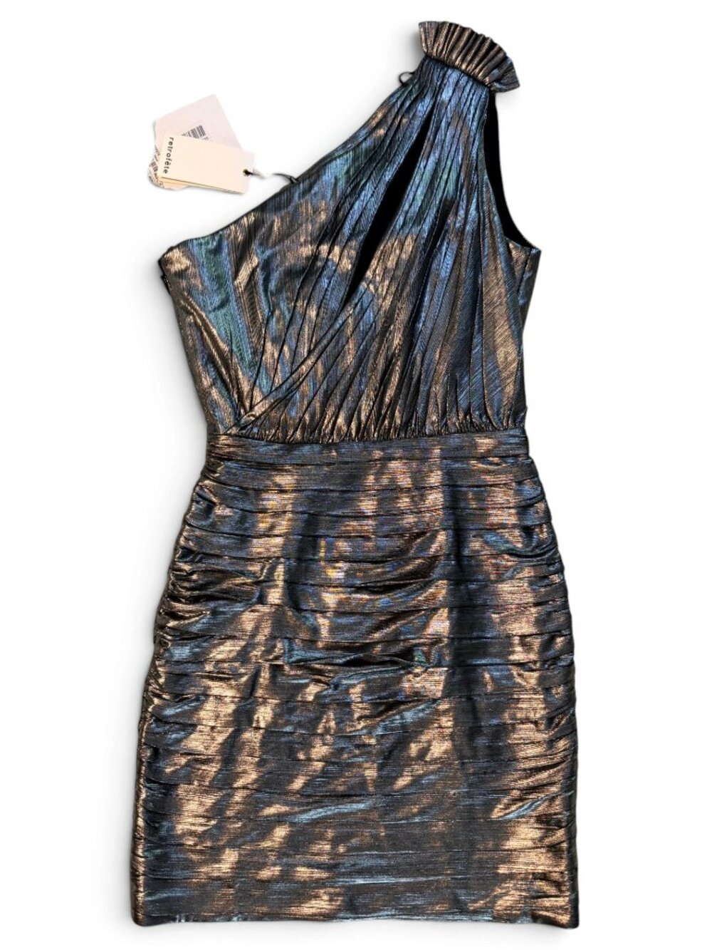 RETROFETE Cassia Dress One Shoulder Metallic Gunmetal Silver XS NWT